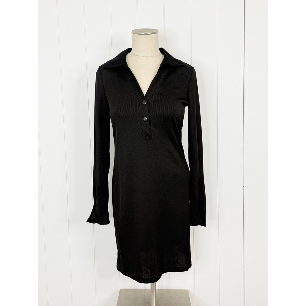 Urban Revivo Black Ribbed Collared Mini Dress US 8 NWOT Long Sleeve Stretch Knit